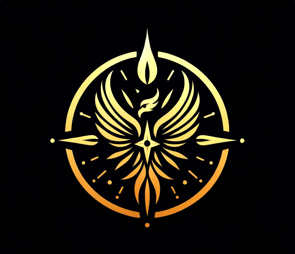 SpiritCraft Coaching logo: a phoenix rising from the center of a compass, gold on black